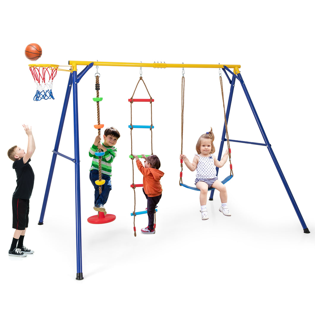 Gymax 4-in-1 Kids Swing Set Carbon Steel Swing Stand with  Basketball Hoop Climbing Ladder
