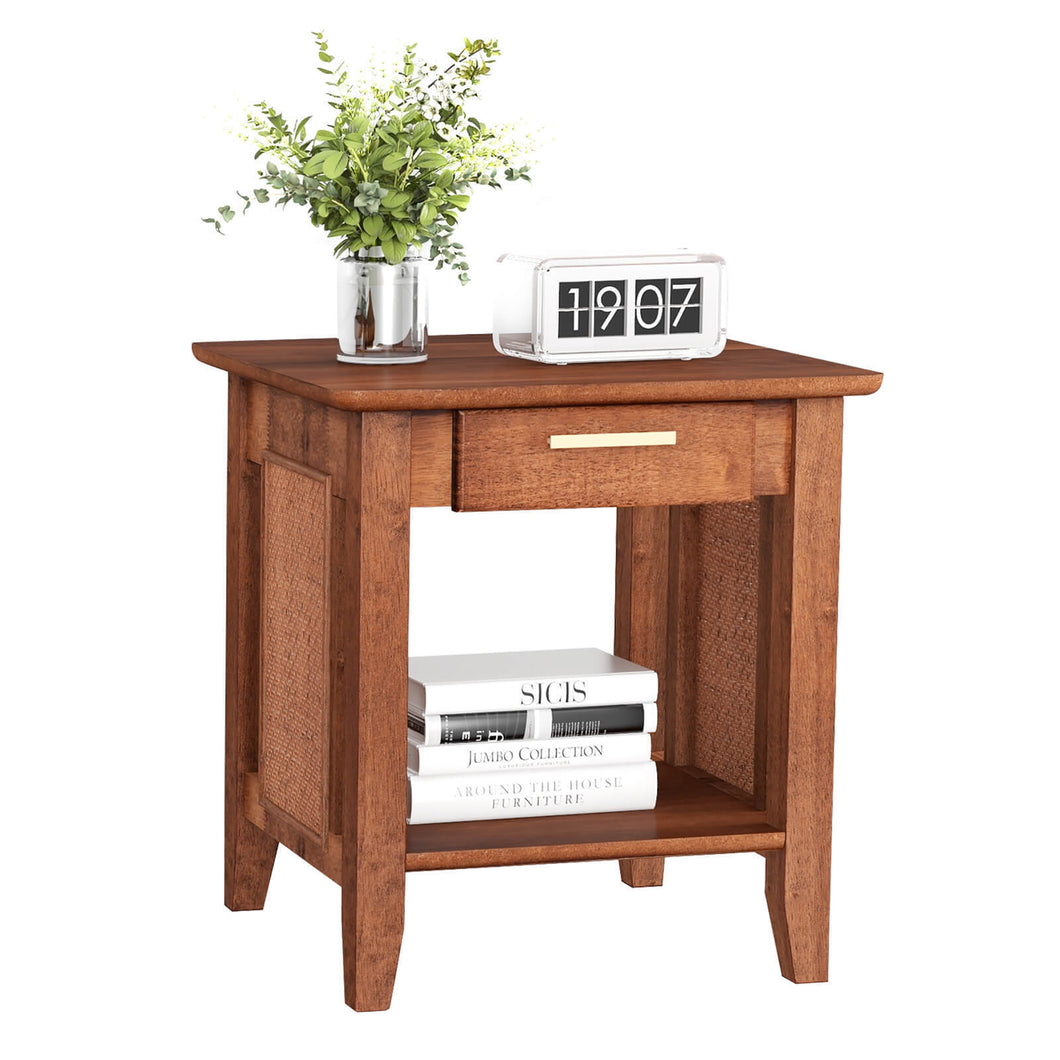 Gymax Boho Style Nightstand 3-Tier Sofa Side End Table with  Drawer & Shelf Walnut