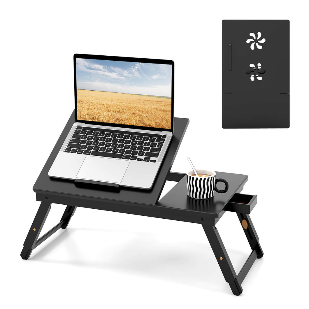 Gymax Bamboo Laptop Desk Adjustable Folding Bed Tray with  Drawer Heat Dissipation