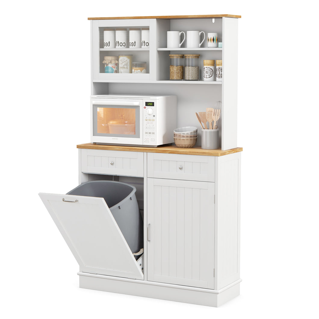 Gymax Double Tilt Out Trash Cabinet with  Hutch Kitchen Pantry Storage Cabinet White