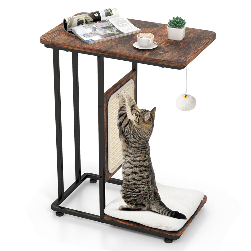 Gymax Cat Tree & C- Shaped Cat Side Table with  Scratching Board Hanging Toy Rustic Brown