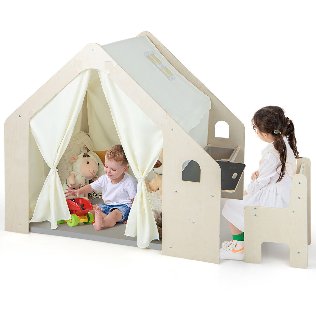 Gymax 6-in-1 Kids Playhouse Wooden Indoor Play Tent with  Blackboard Desk Table Chair