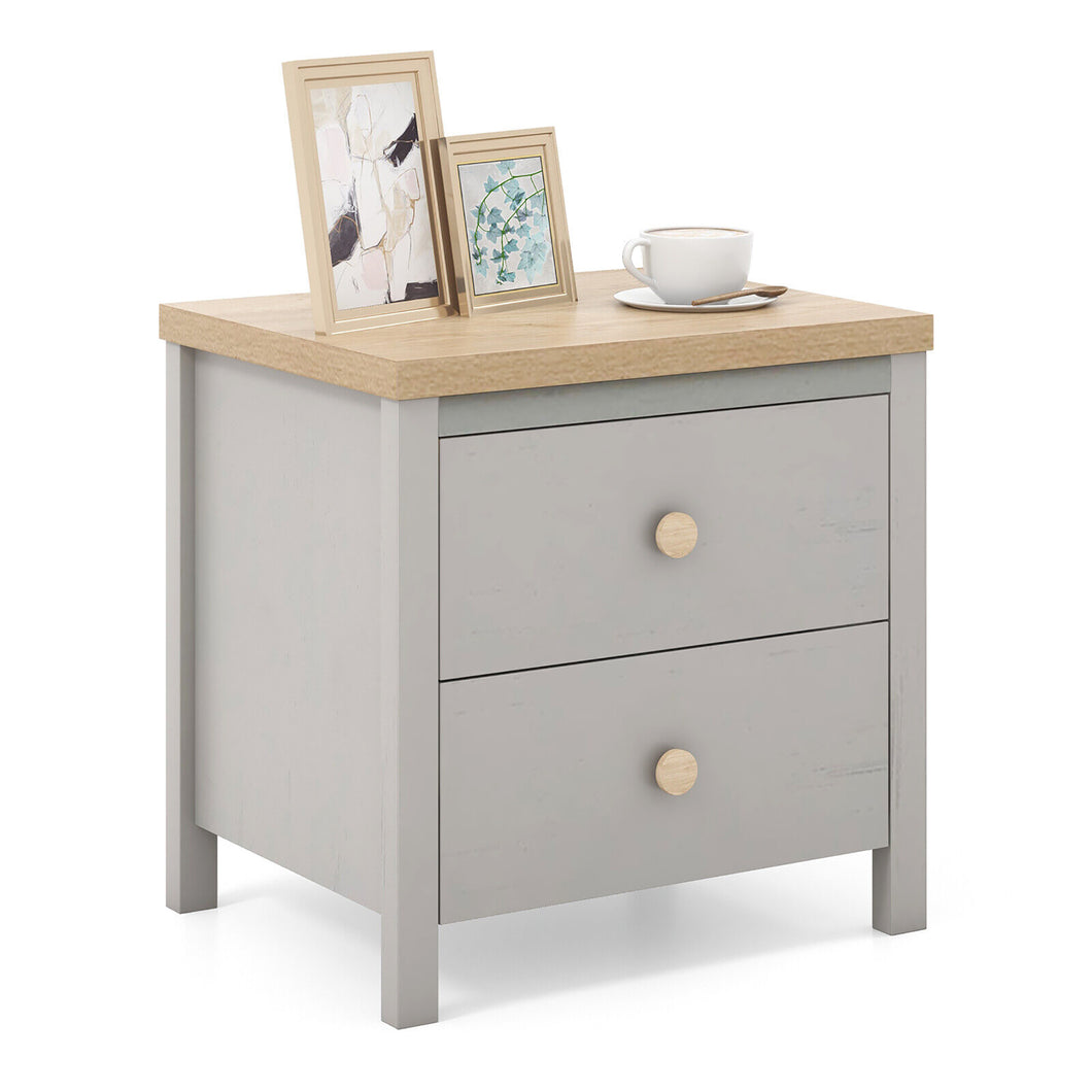 Gymax Nightstand Farmhouse Side End Table with  Solid Wood Legs & 2 Drawers for Bedroom Gray