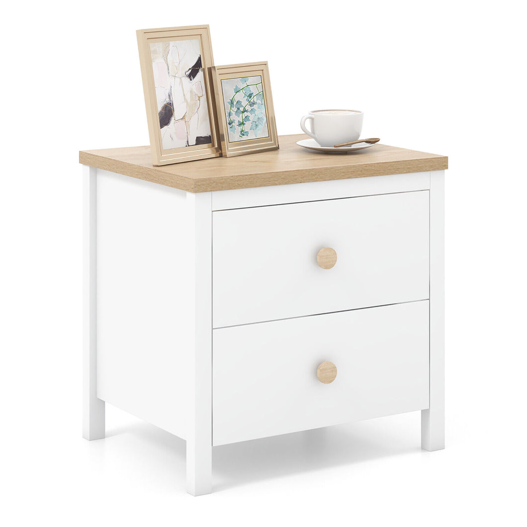 Gymax Nightstand Farmhouse Side End Table with  Solid Wood Legs & 2 Drawers for Bedroom White