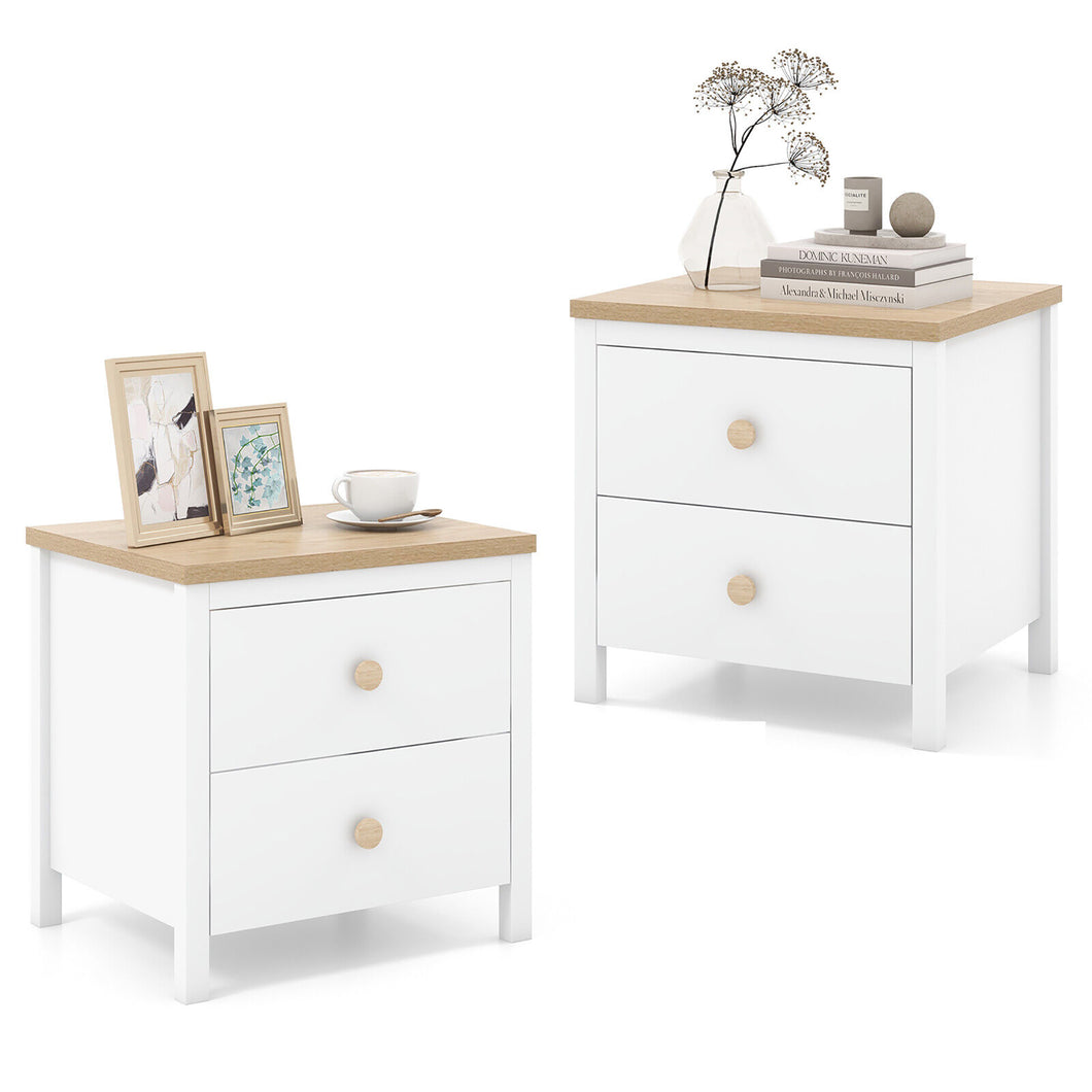 Gymax 2 PCS Nightstand Farmhouse Side End Table with  Solid Wood Legs & 2 Drawers White