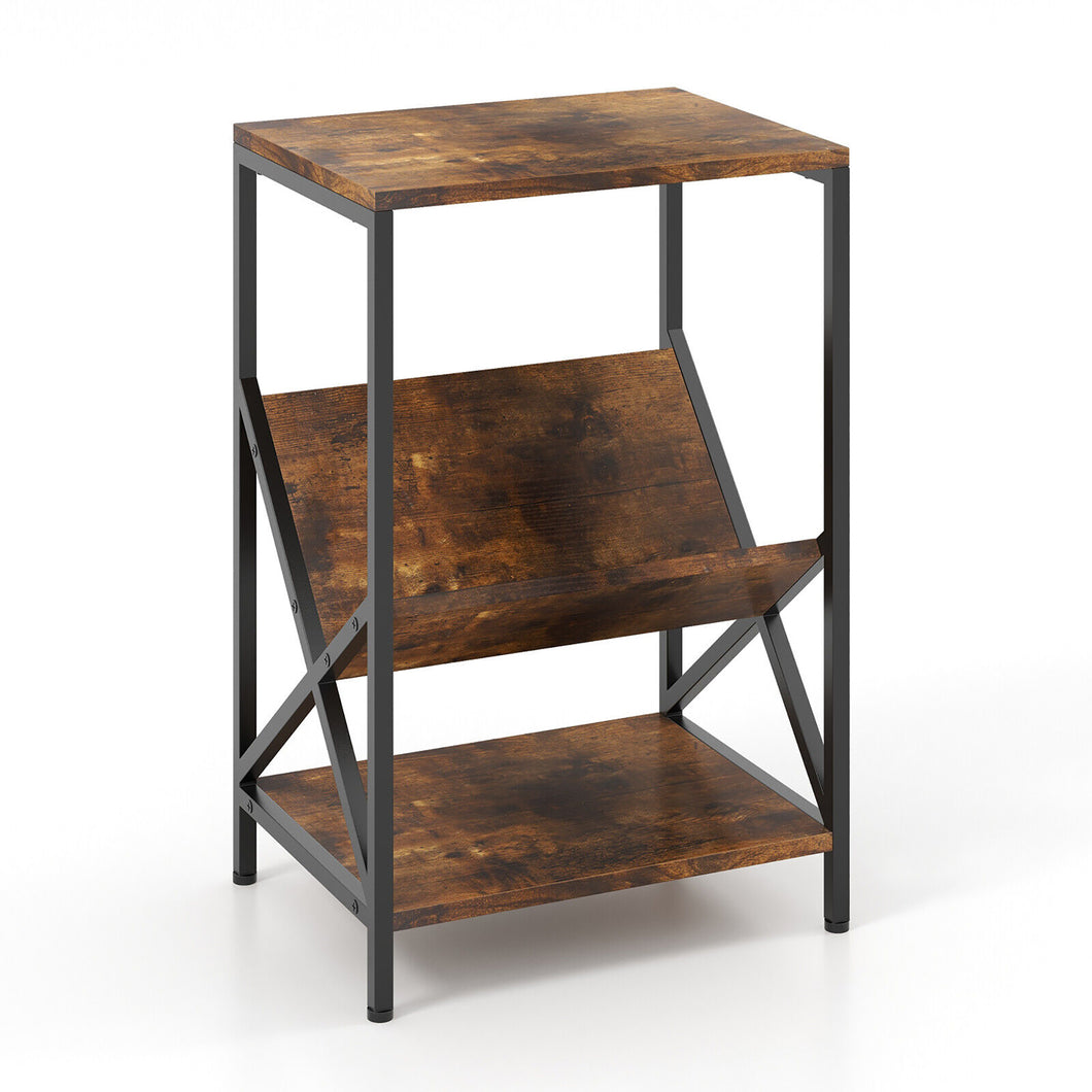 Gymax Industrial Side Table 3-Tier End Table with  V-Shaped Magazine Holder Rustic Brown