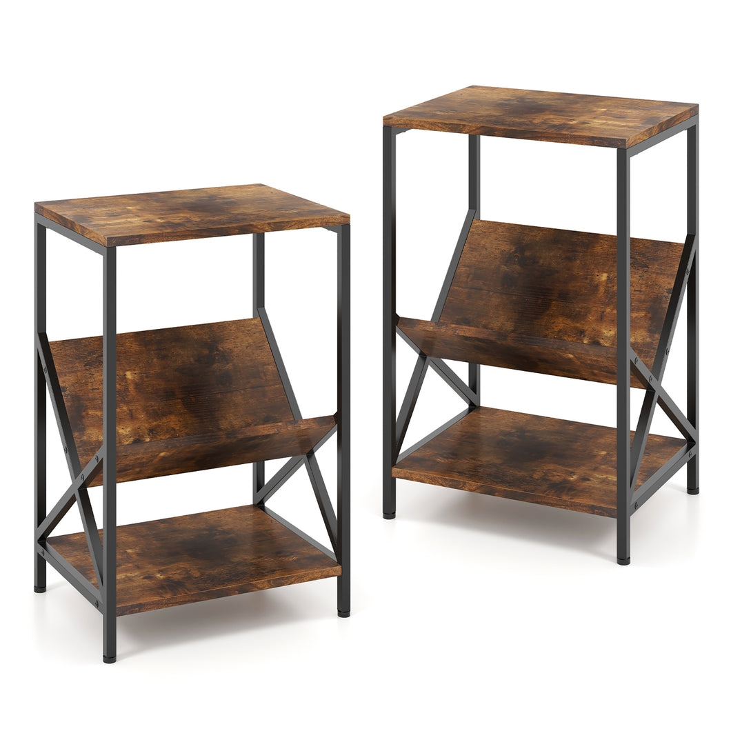 Gymax 2 PCS Industrial Side Table 3-Tier End Table with  V-Shaped Magazine Holder Rustic Brown