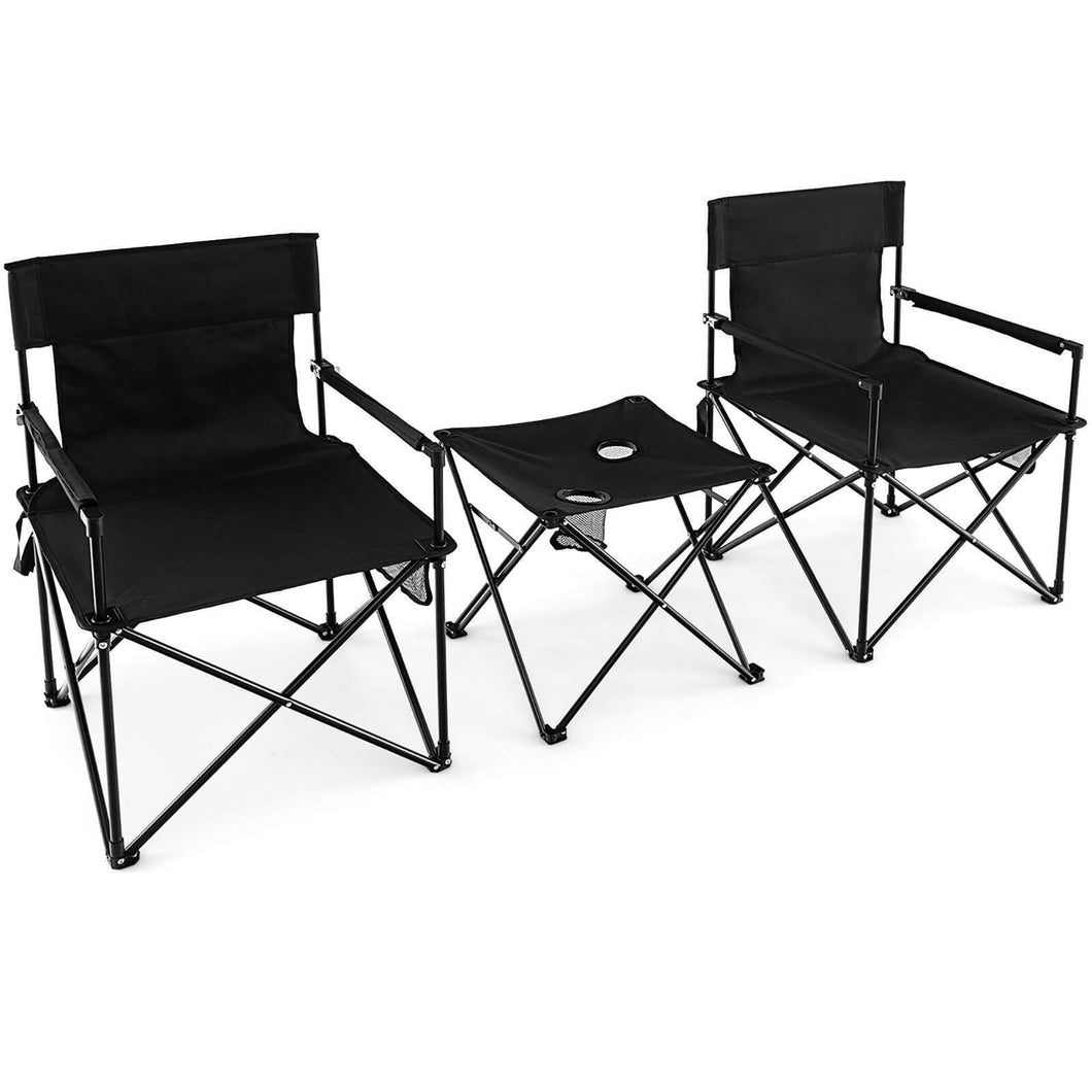 Gymax Folding Camping Chair Set of 3 Portable Lawn Chair & Side Table with  2 Cup Holders