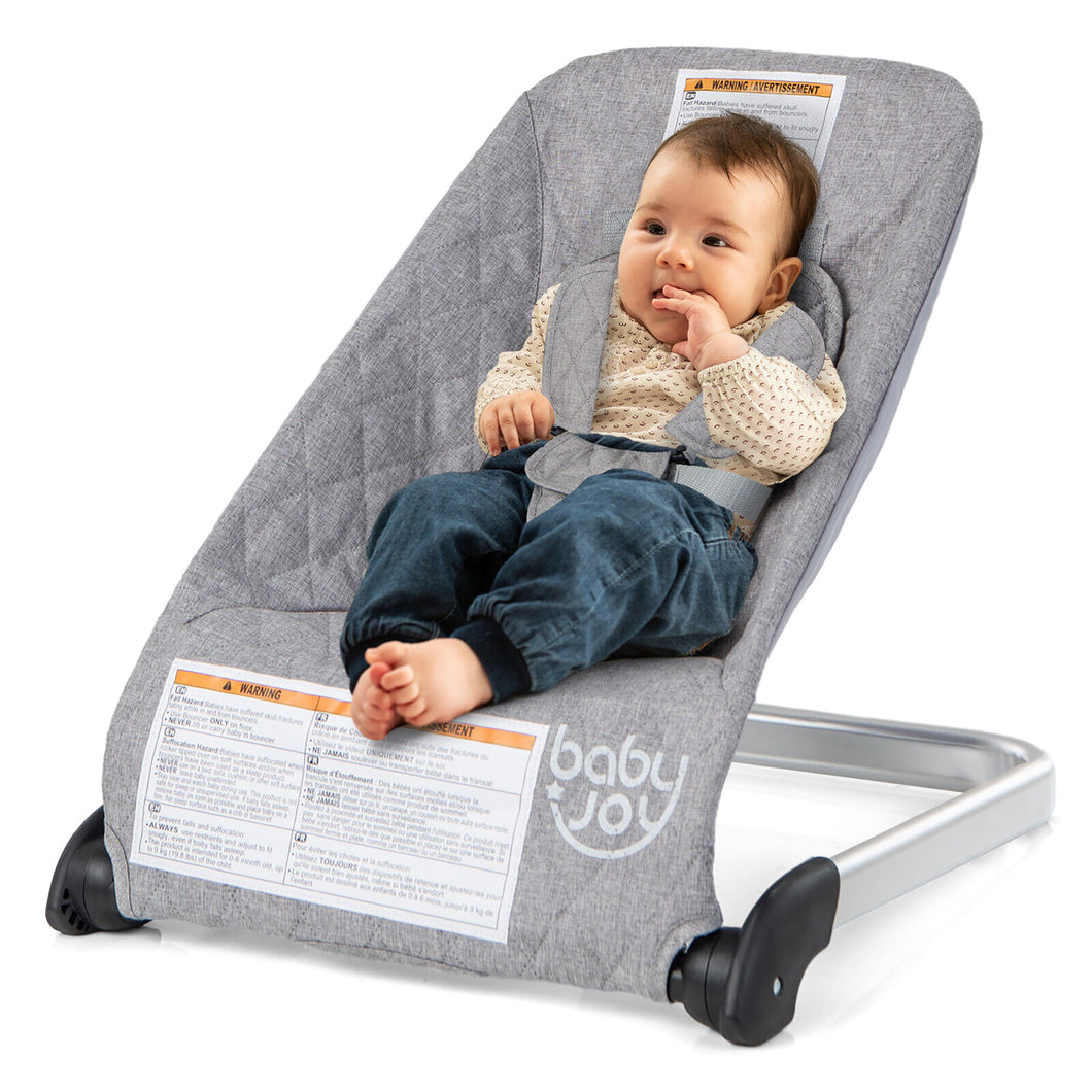 Gymax Folding Infant Bouncer Portable Baby Rocker with  Breathable Backrest Aluminum Light Gray