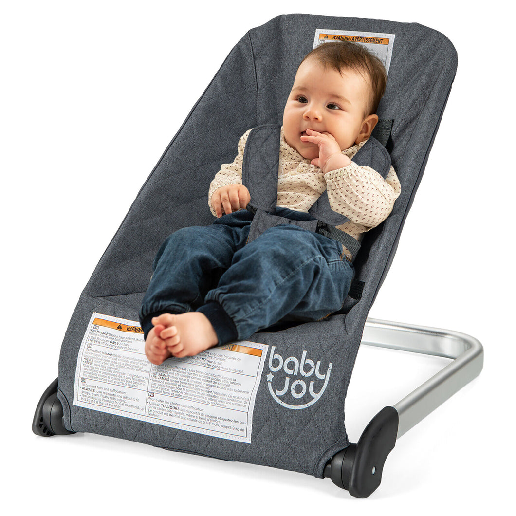 Gymax Folding Infant Bouncer Portable Baby Rocker with  Breathable Backrest Aluminum Dark Gray