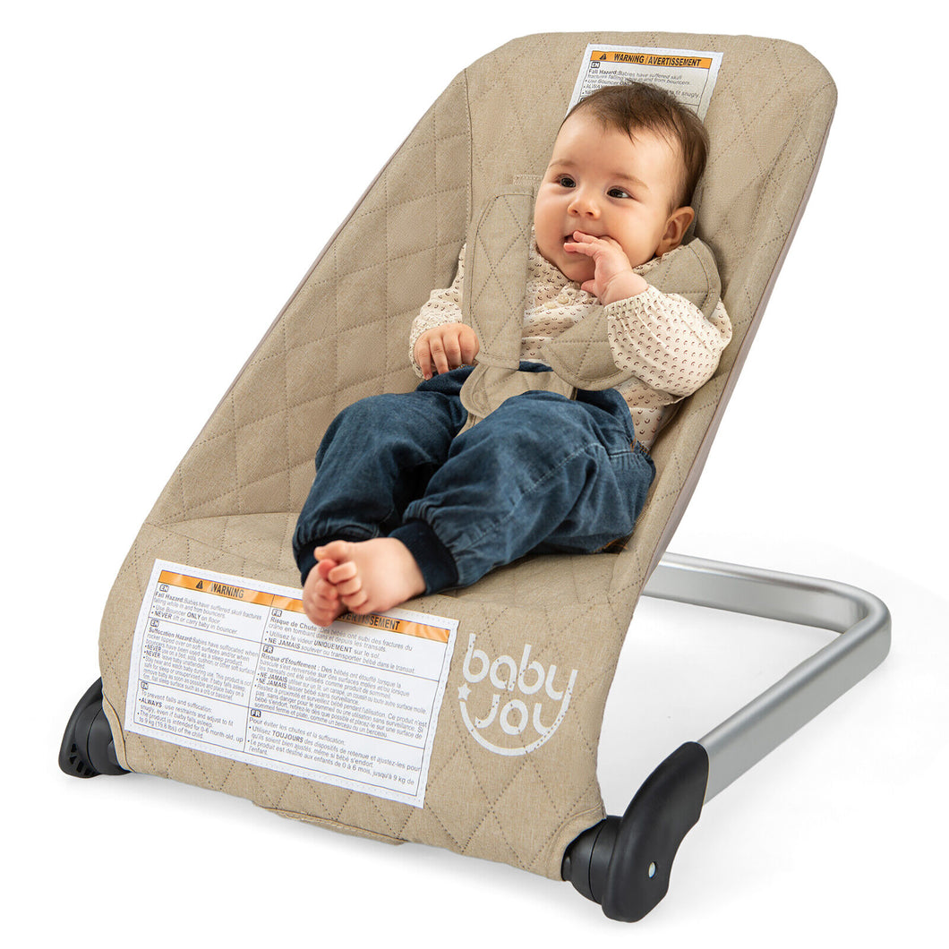 Gymax Folding Infant Bouncer Portable Baby Rocker with  Breathable Backrest Aluminum Beige