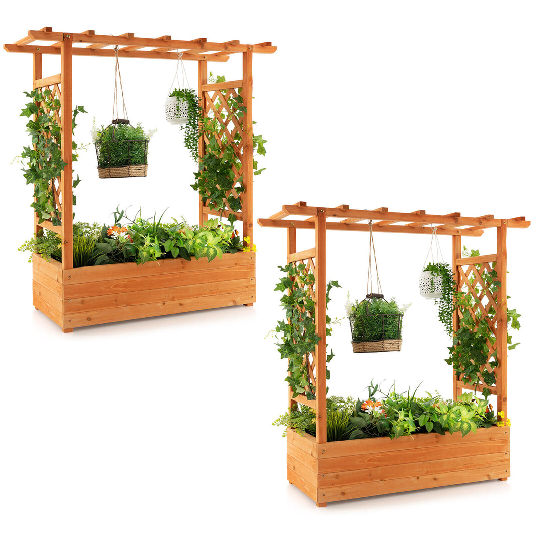 Gymax 2PCS Raised Garden Bed Planter Box with  Side & Top Trellis for Vine Climbing Plants