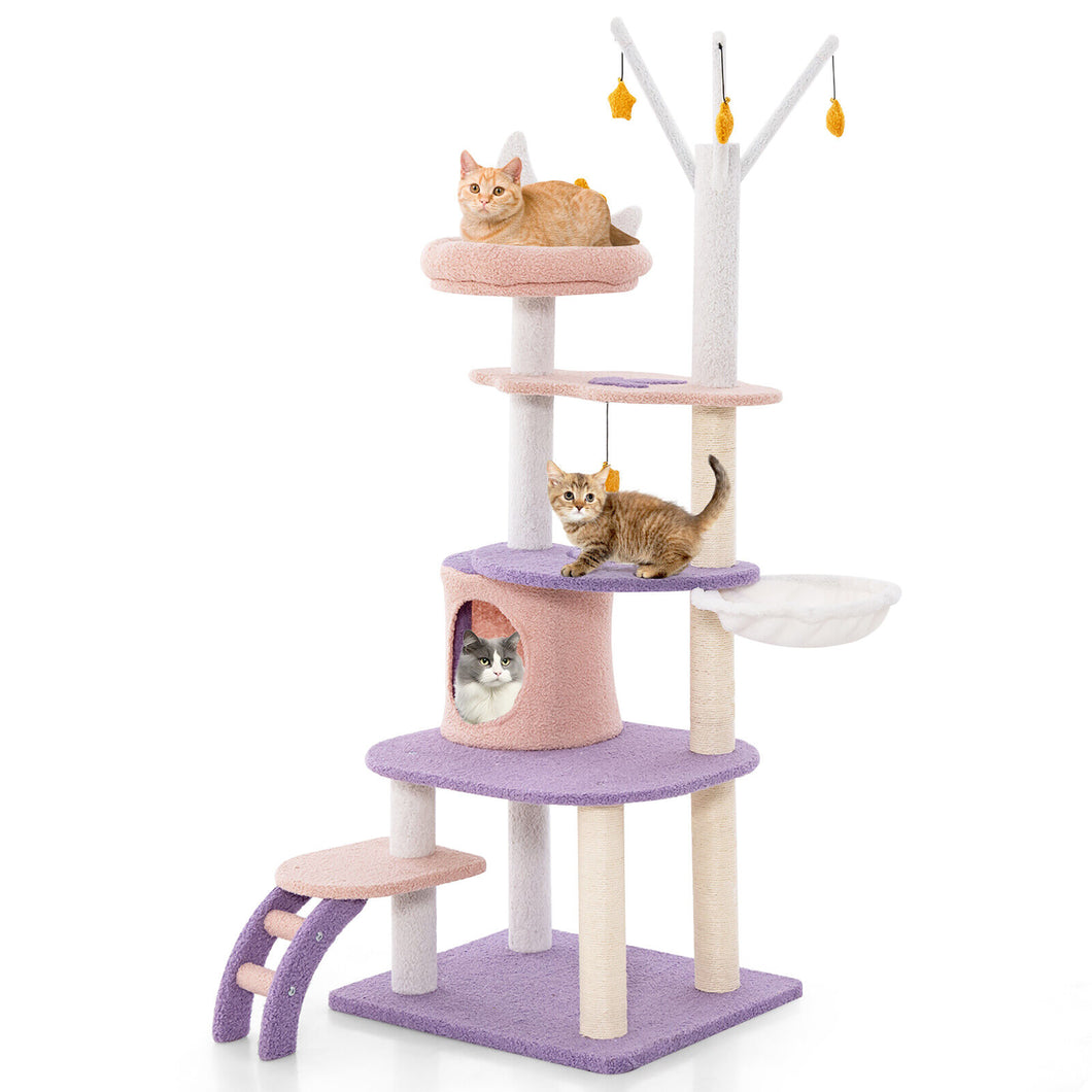 Gymax 62'' Cute Purple Cat Tree Tower with  Ladder Sisal Covered Scratching Posts Indoor