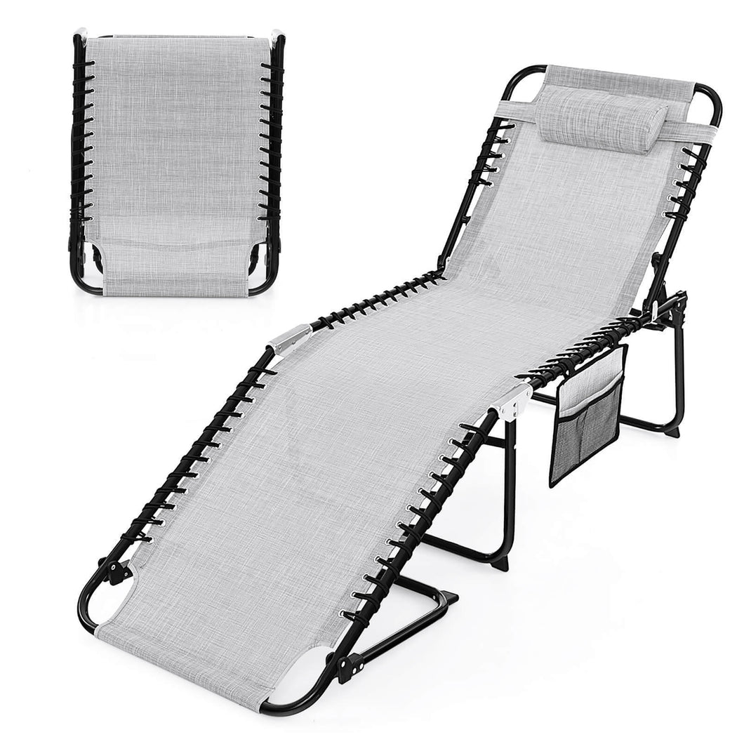 Gymax Folding Chaise Lounge Portable Lay Flat Reclining Chair with  4-Level Backrest Side Pocket Gray