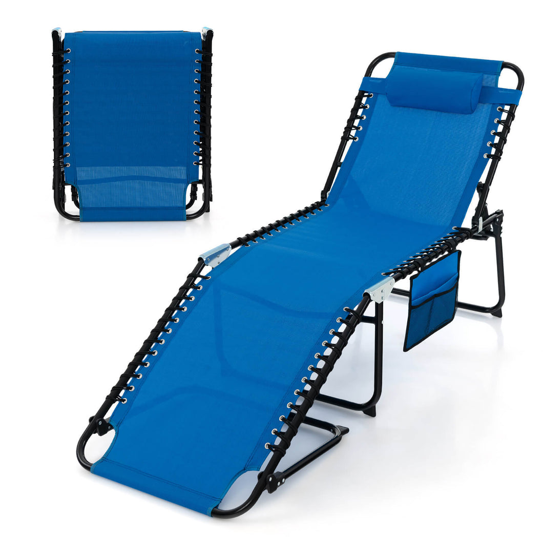 Gymax Folding Chaise Lounge Portable Lay Flat Reclining Chair with  4-Level Backrest Side Pocket Navy