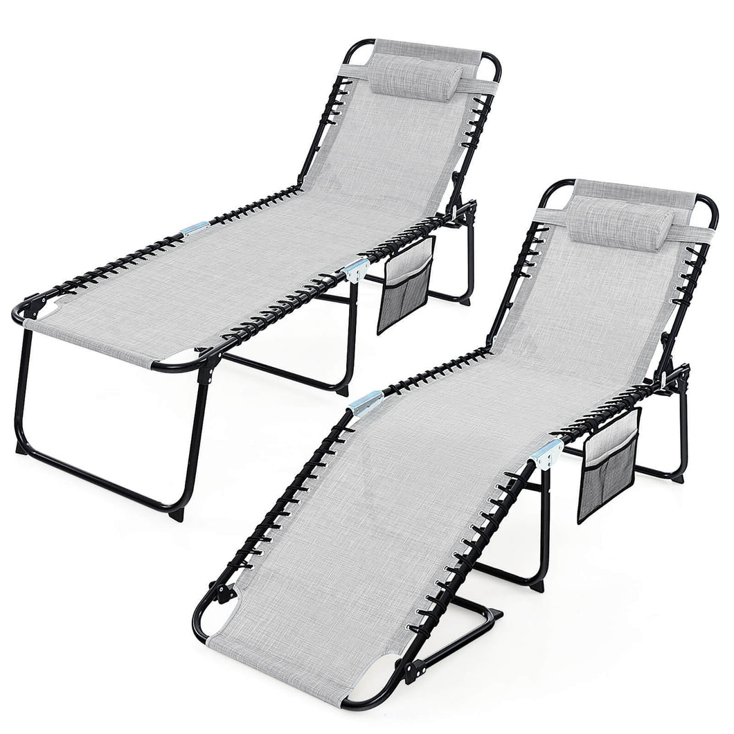 Gymax 2 PCS Folding Chaise Lounge Portable Lay Flat Reclining Chair with  4-Level Backrest Side Pocket Gray