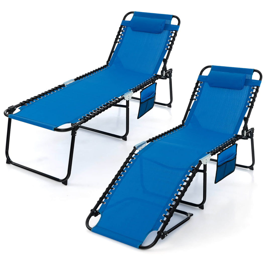 Gymax 2 PCS Folding Chaise Lounge Portable Lay Flat Reclining Chair with  4-Level Backrest Side Pocket Navy