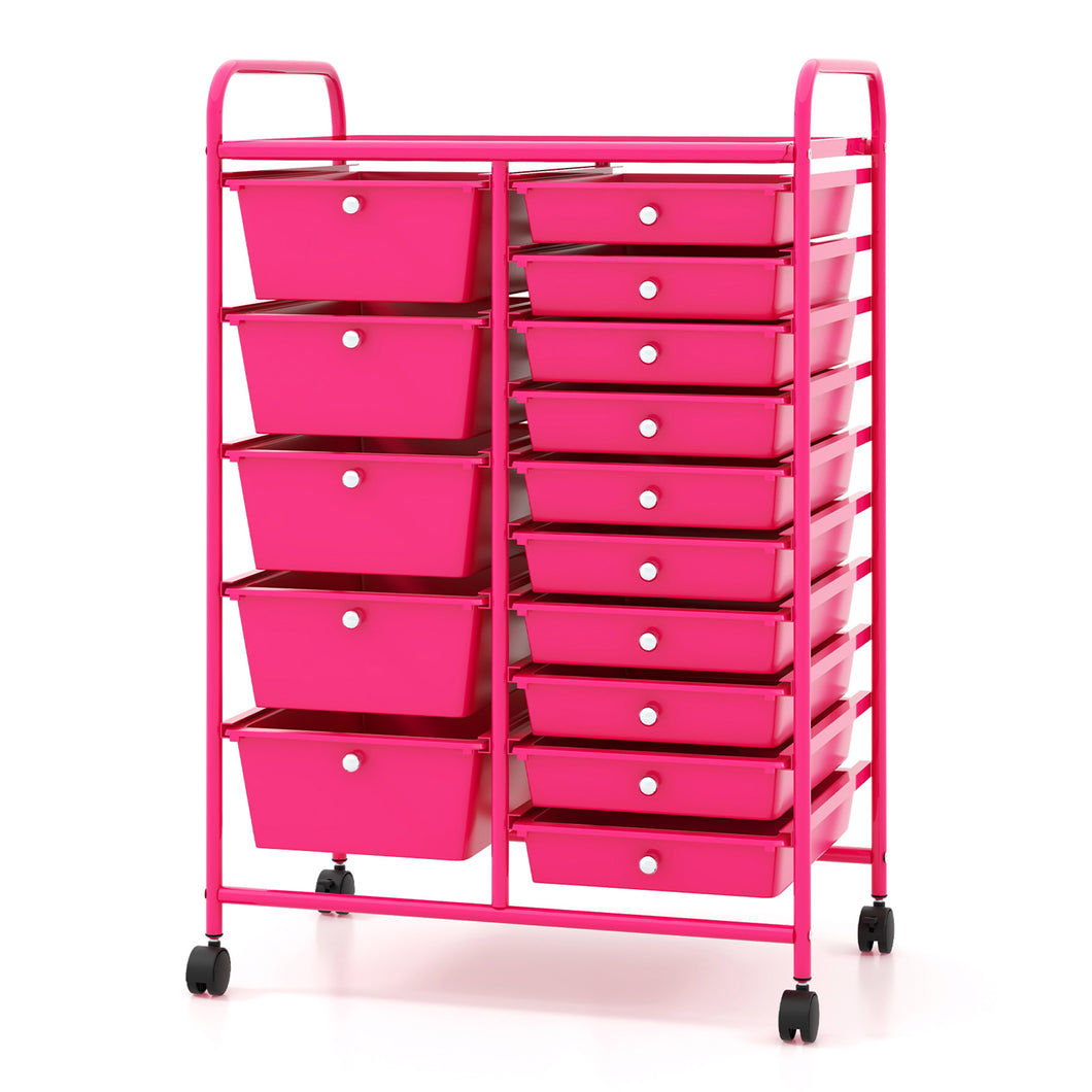 Gymax 15 Drawer Rolling Storage Cart Opaque Multicolor Drawers Home Organizer Mixed Hot Pink
