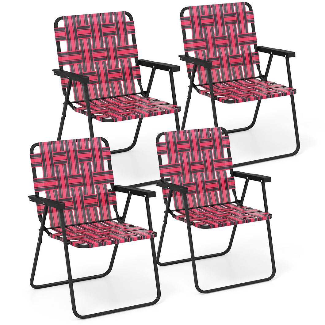 Gymax Set of 4 Patio Folding Web Chair Set Portable Beach Camping Chair Red