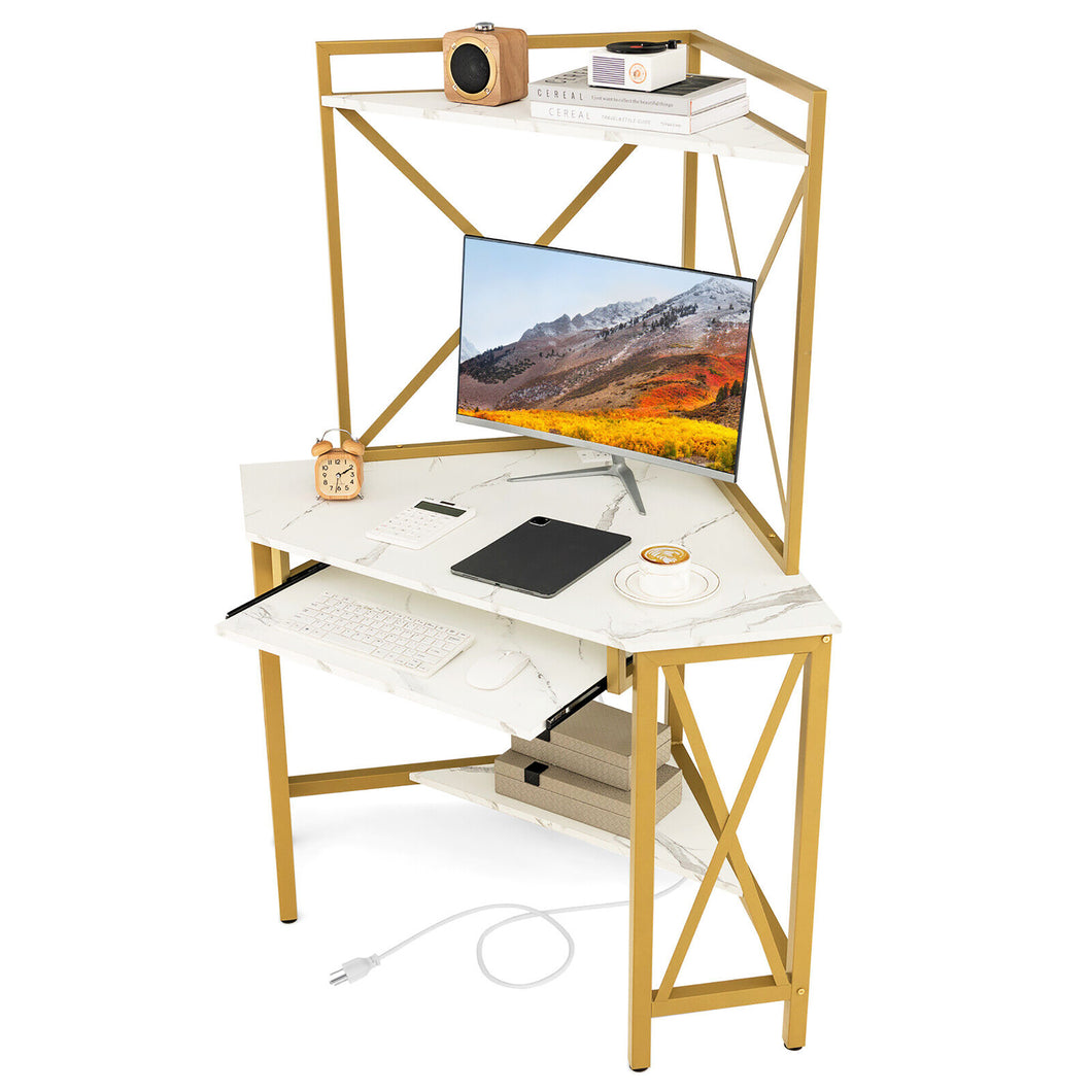 Gymax Corner Desk Space-Saving Computer Desk with  Shelves & Keyboard Tray White