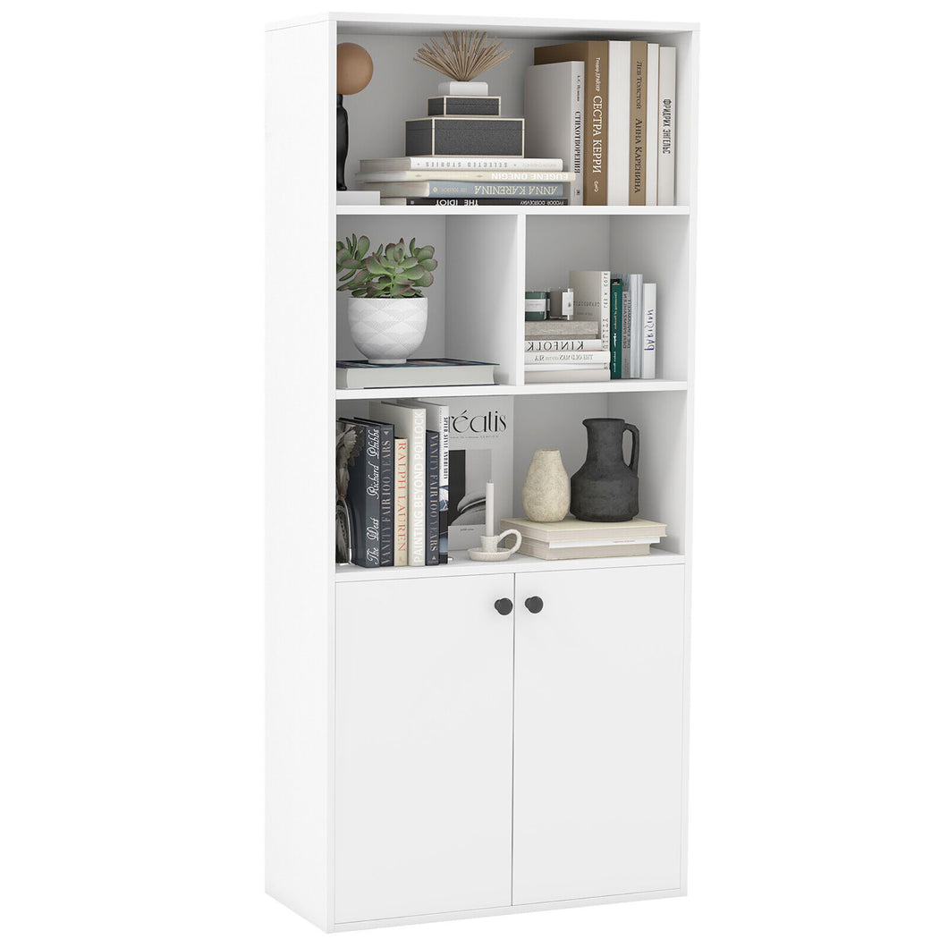 Gymax 5-Tier Bookcase Freestanding Storage Cabinet with  Adjustable Shelf & 2-Door Cabinet