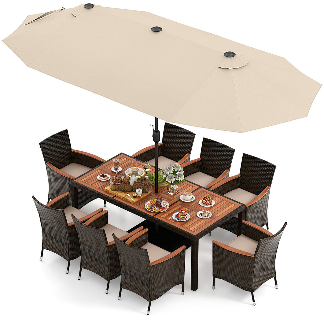 Gymax 9 Piece Patio Wicker Dining Set with  Double-Sided Patio Beige Umbrella Stackable Chairs
