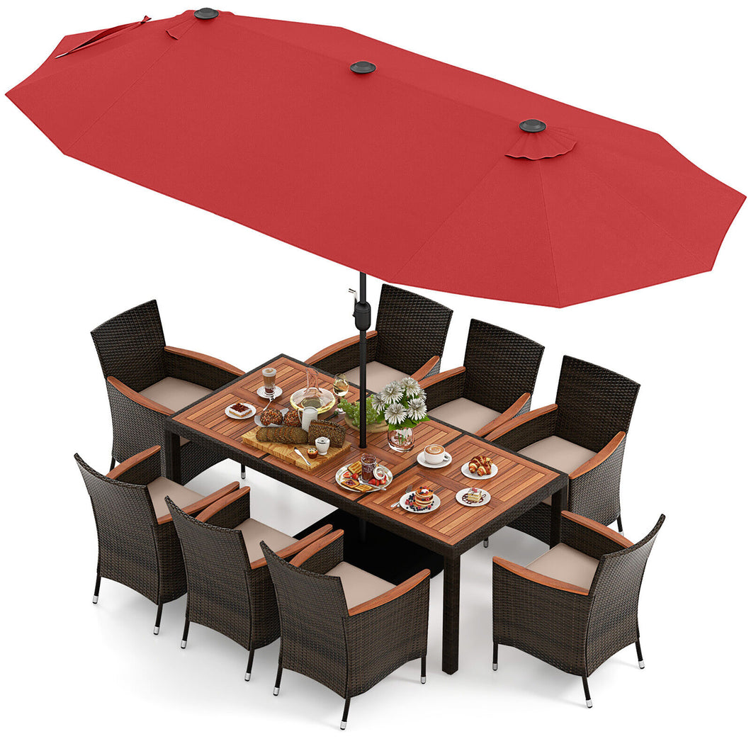 Gymax 9 Piece Patio Wicker Dining Set with  Double-Sided Patio Wine Umbrella Stackable Chairs