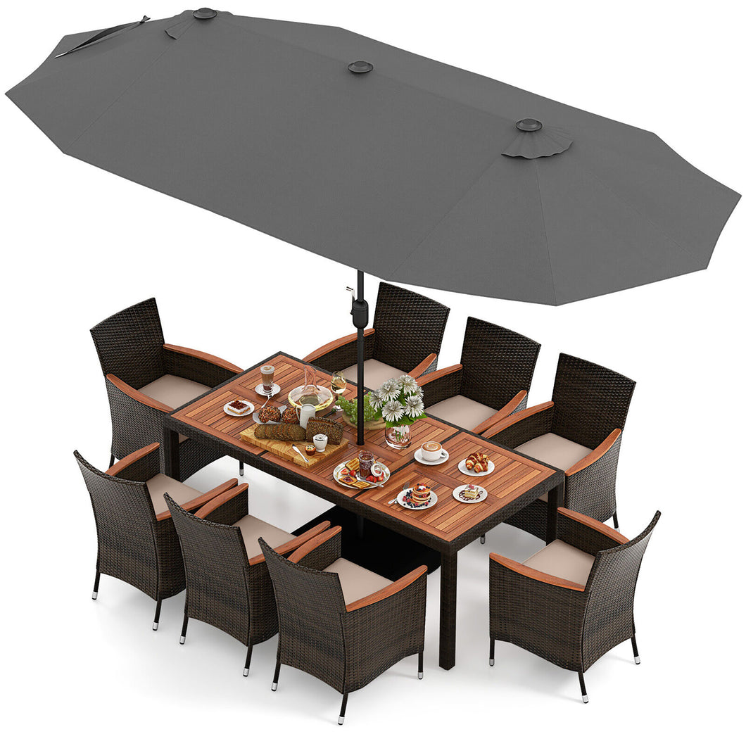 Gymax 9 Piece Patio Wicker Dining Set with  Double-Sided Patio Grey Umbrella Stackable Chairs