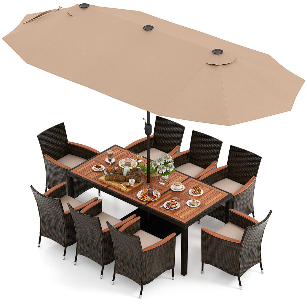 Gymax 9 Piece Patio Wicker Dining Set with  Double-Sided Patio Coffee Umbrella Stackable Chairs