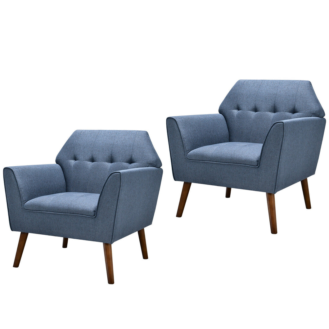 Gymax 2 PCS Accent Chairs Upholstered Armchairs with  Rubber Wood Legs Modern Blue