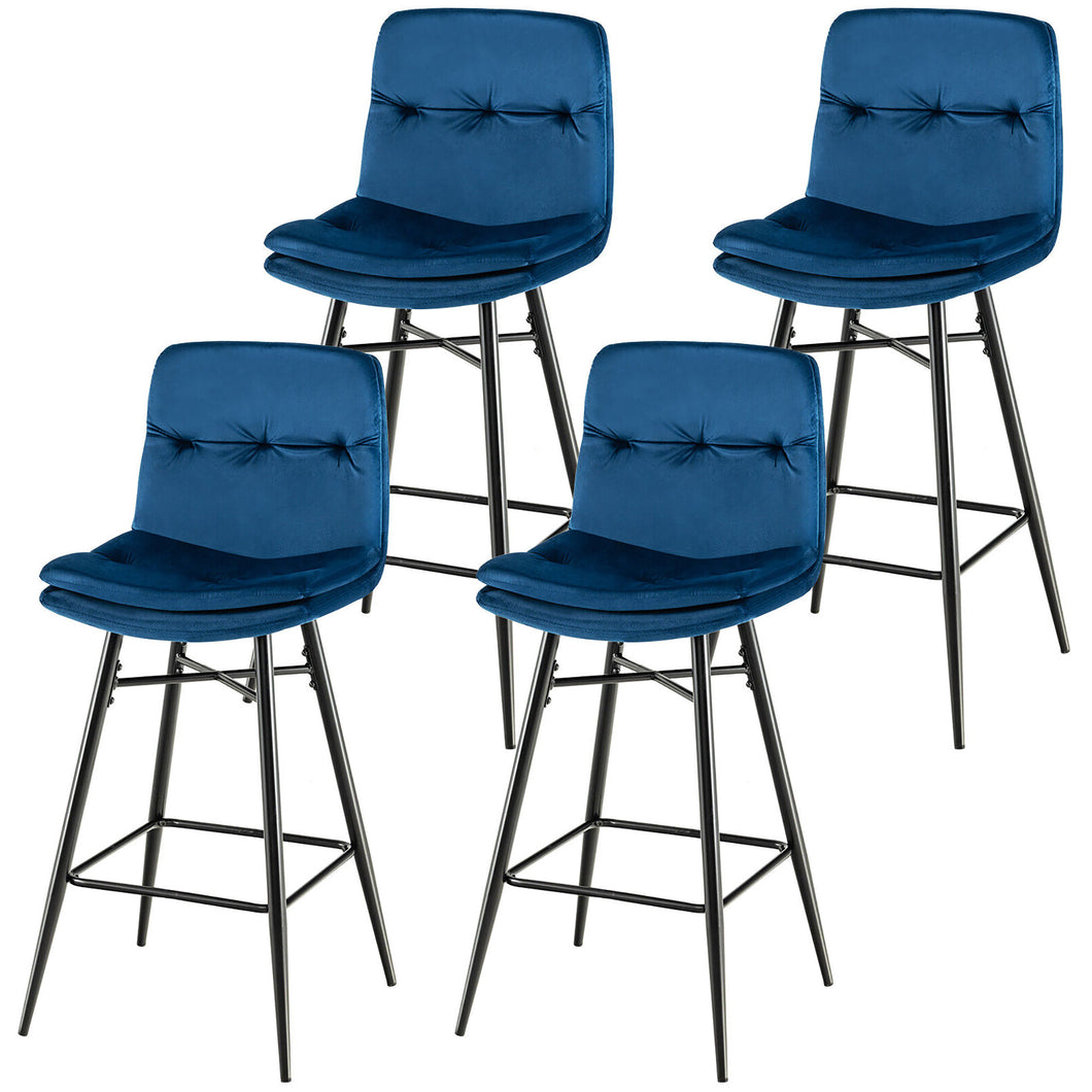 Gymax 4 PCS Velvet Bar Stools Bar Height Dining Chairs with  Metal Legs Kitchen Blue