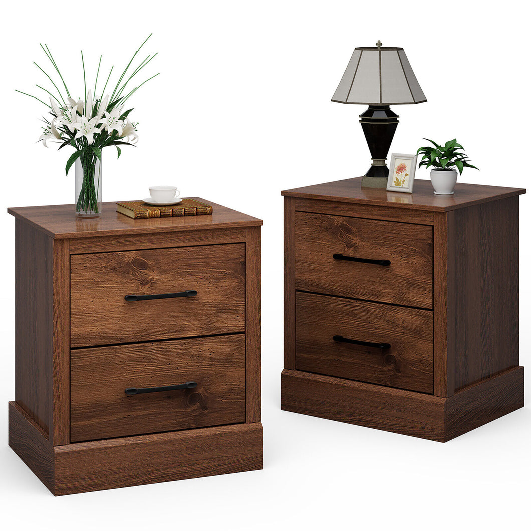 Gymax Set of 2 Drawer Nightstand Bedside Table Compact Sofa End Table Rustic Walnut