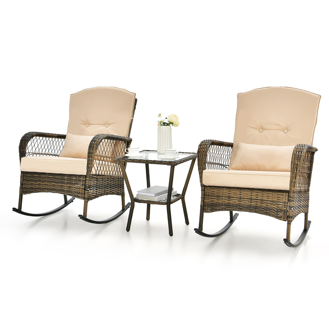 Gymax Patio Set of 3 Rocking Wicker Bistro Set with  Tempered Glass Side Table Mix Brown