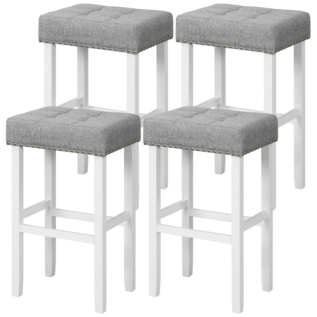 Gymax 4 PCS Tufted Upholstered Bar Stools Chairs with  Rubber Wood Legs Gray & White