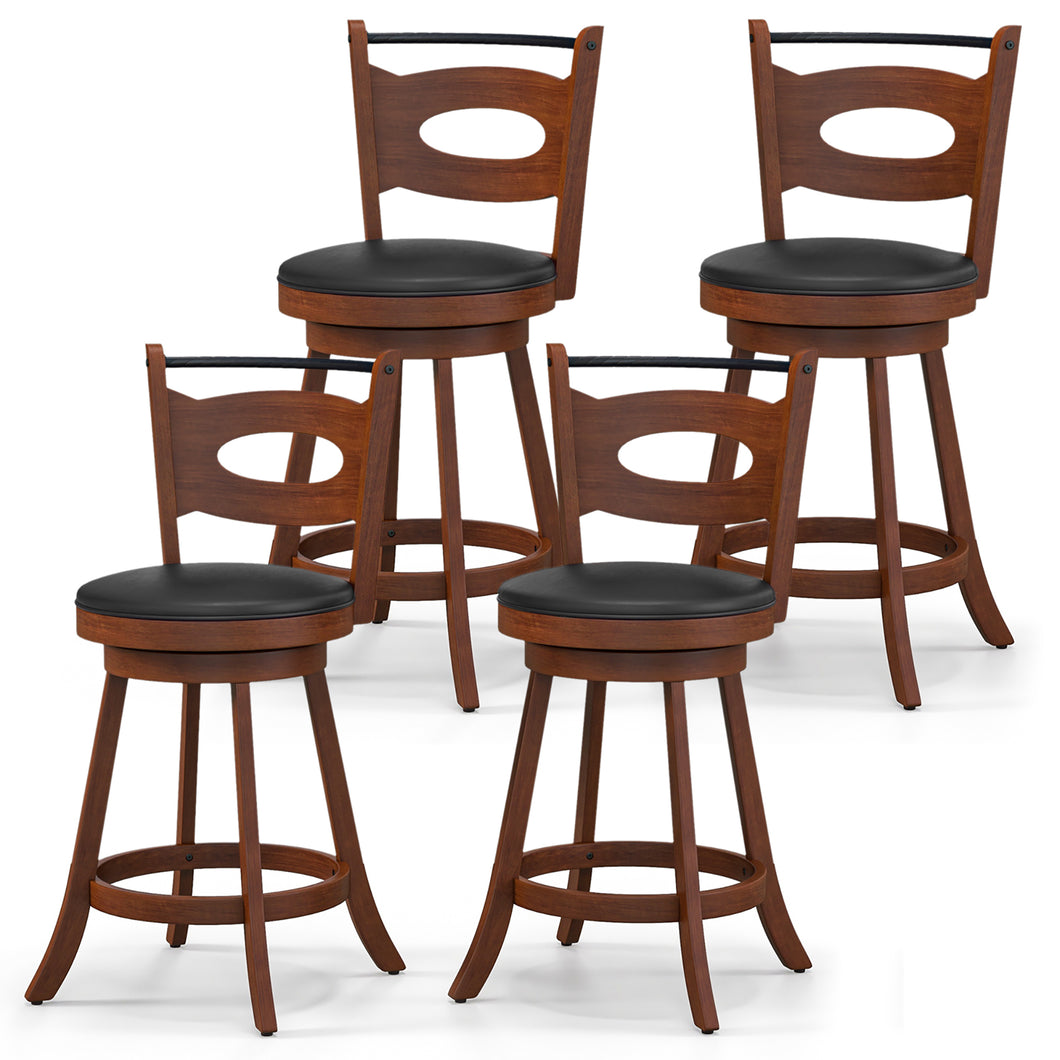Gymax Set of 4 360¡ã Swivel Bar Stools Dining Chairs Rubber Wood Leather Padded Seat Brown & Black