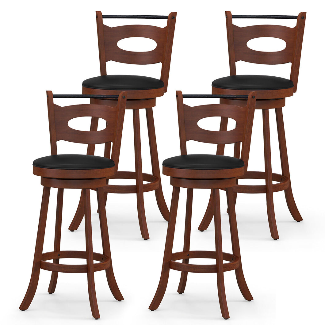 Gymax 4PCS 360¡ã Swivel Bar Stools Dining Chairs Solid Rubber Wood Leather Padded Brown & Black
