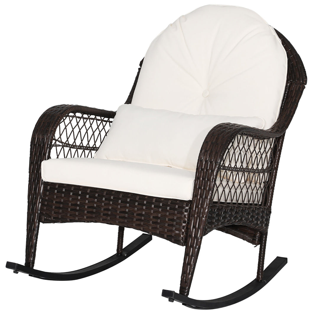 Gymax Patio Wicker Rocking Chair with  White Seat Cushions & Lumbar Pillow Porch