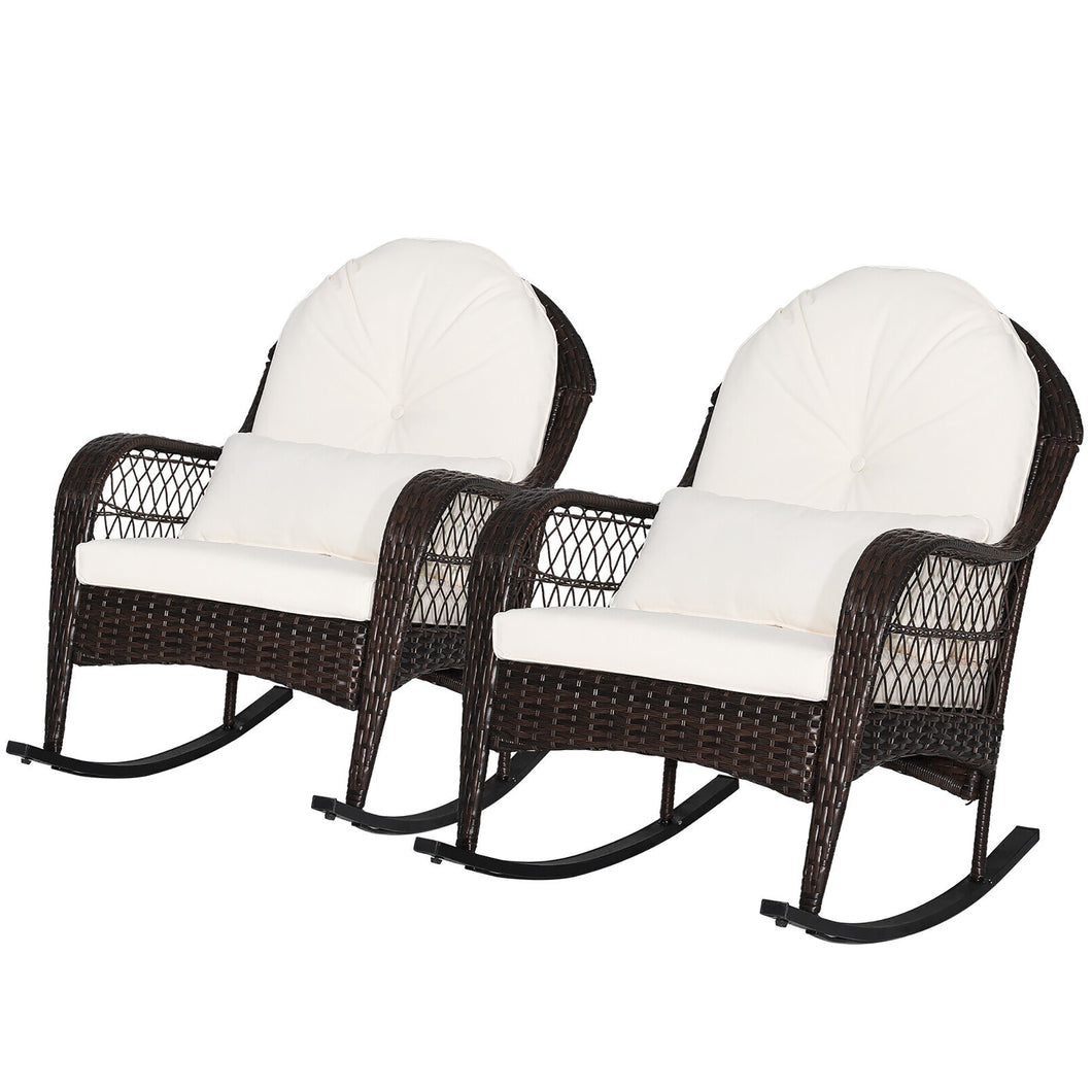 Gymax 2PCS Patio Wicker Rocking Chair with  White Seat Cushions & Lumbar Pillow Porch