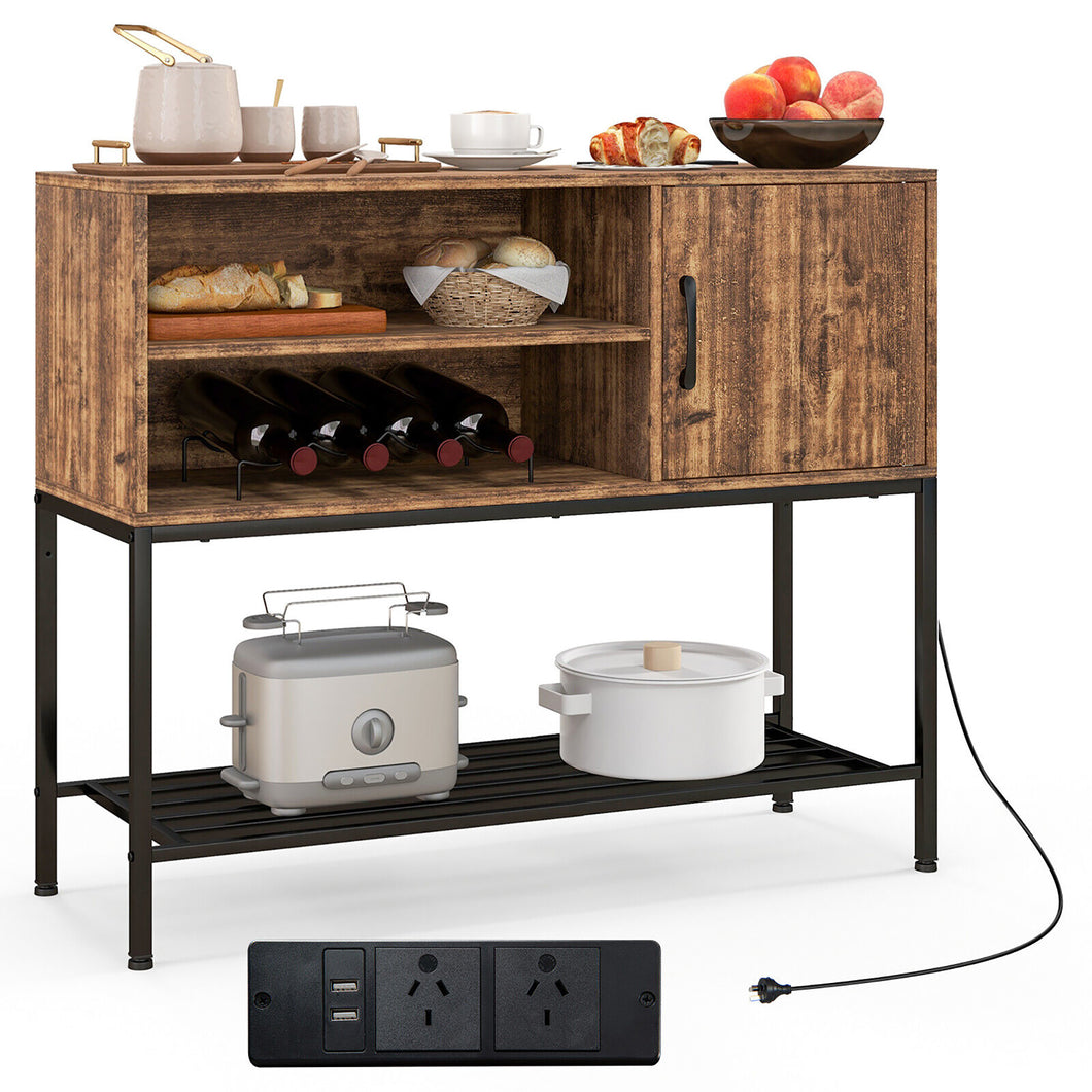 Gymax Buffet Sideboard with  Power Outlets & USB Ports Wine Racks & Storage Shelves Rustic Brown & Black