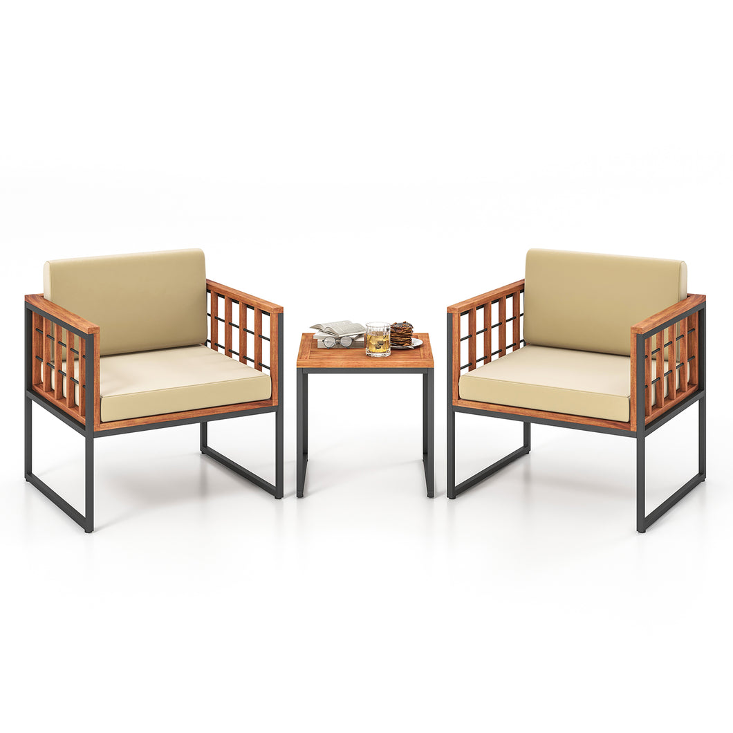 Gymax 3 Pieces Patio Furniture Set Acacia Wood Bistro Conversation Set with  2 Cushioned Chairs Beige