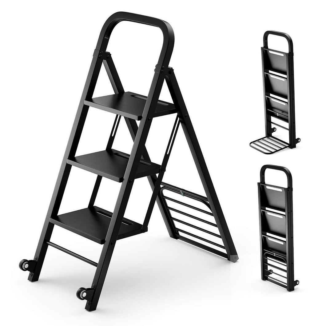 Gymax 2-in-1 Ladder & Hand Truck Combo Collapsible 3-Step Ladder with  Wheels