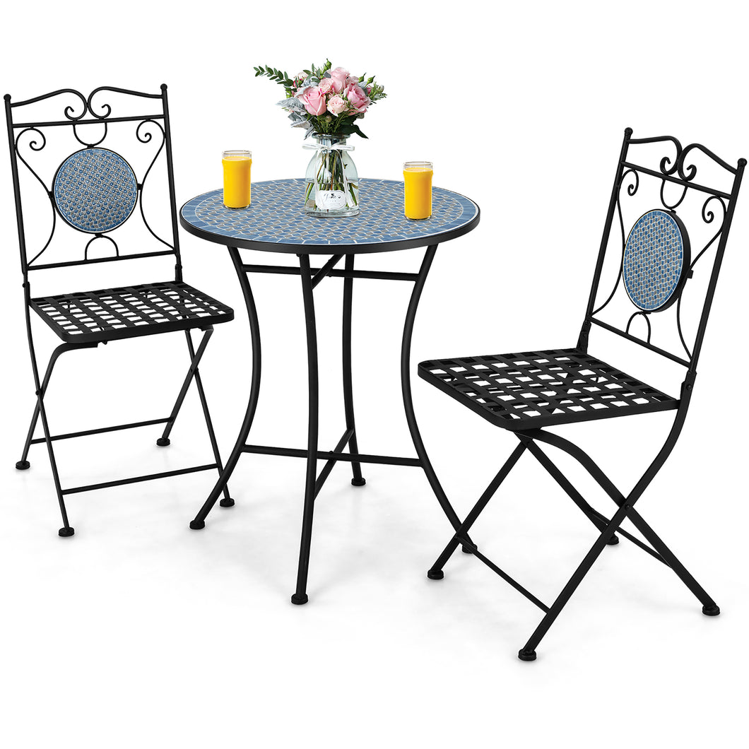 Gymax 3 PCS Patio Bistro Set Outdoor Patio Furniture Set with  1 Mosaic Round Table & 2 Folding Chairs