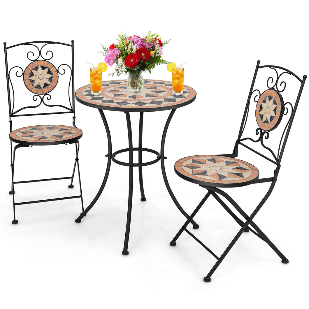 Gymax 3 PCS Outdoor Bistro Set Patio Conversation Furniture Set with  1 Round Mosaic Coffee Table