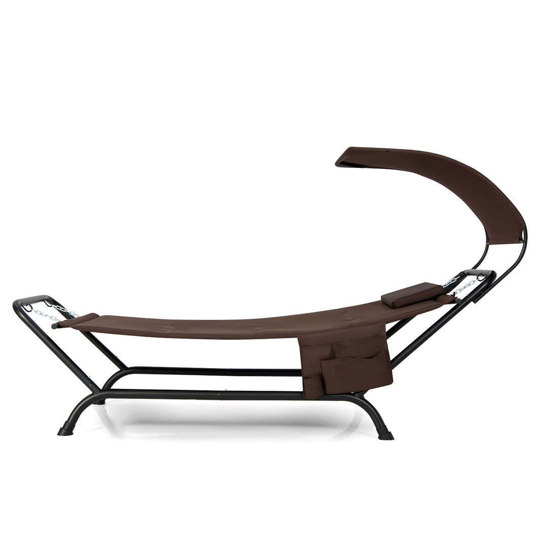 Gymax Chaise Lounge Bed with  Detachable Sunshade Canopy Hammock with  Rustproof Metal Stand Brown