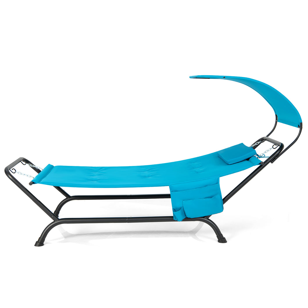 Gymax Chaise Lounge Bed with  Detachable Sunshade Canopy Hammock with  Rustproof Metal Stand Blue