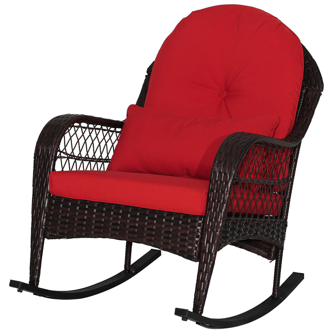 Gymax Wicker Rocking Chair with  Red Seat Back Cushions & Lumbar Pillow Balcony Patio