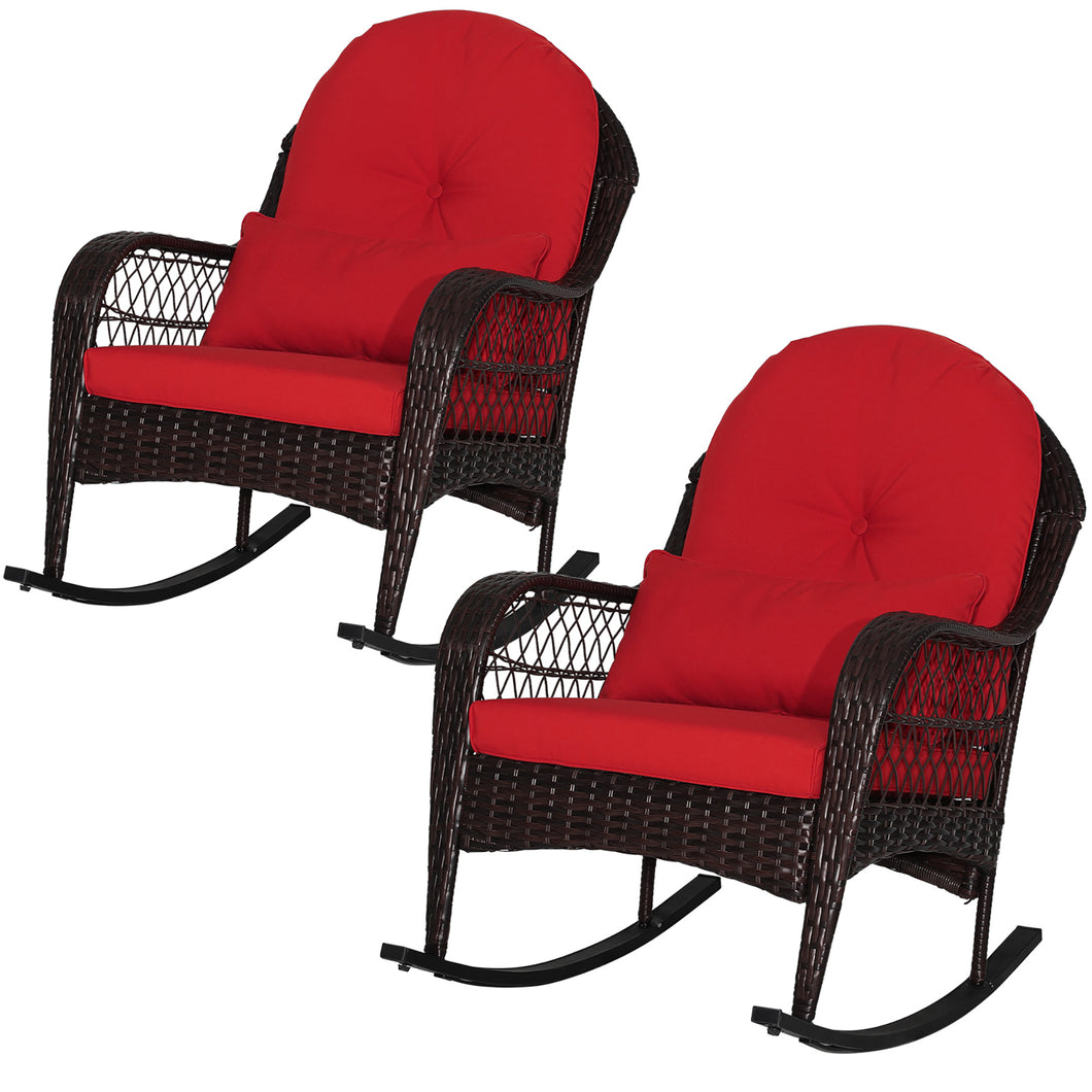Gymax 2 PCS Wicker Rocking Chair with  Red Seat Back Cushions & Lumbar Pillow Balcony Patio