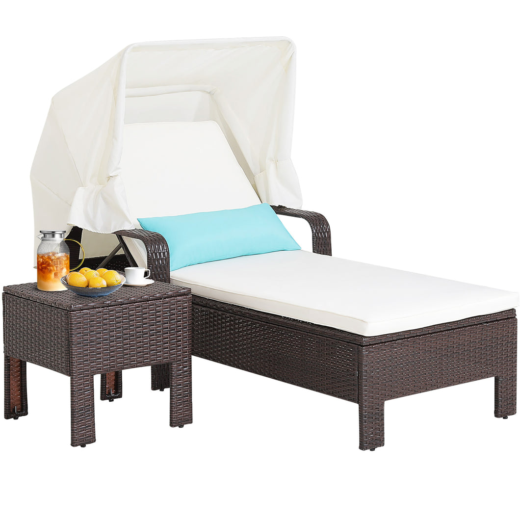 Gymax 2 Pieces Rattan Lounge Chair Chaise with  Side Table Folding Canopy Cushion Pillow Patio