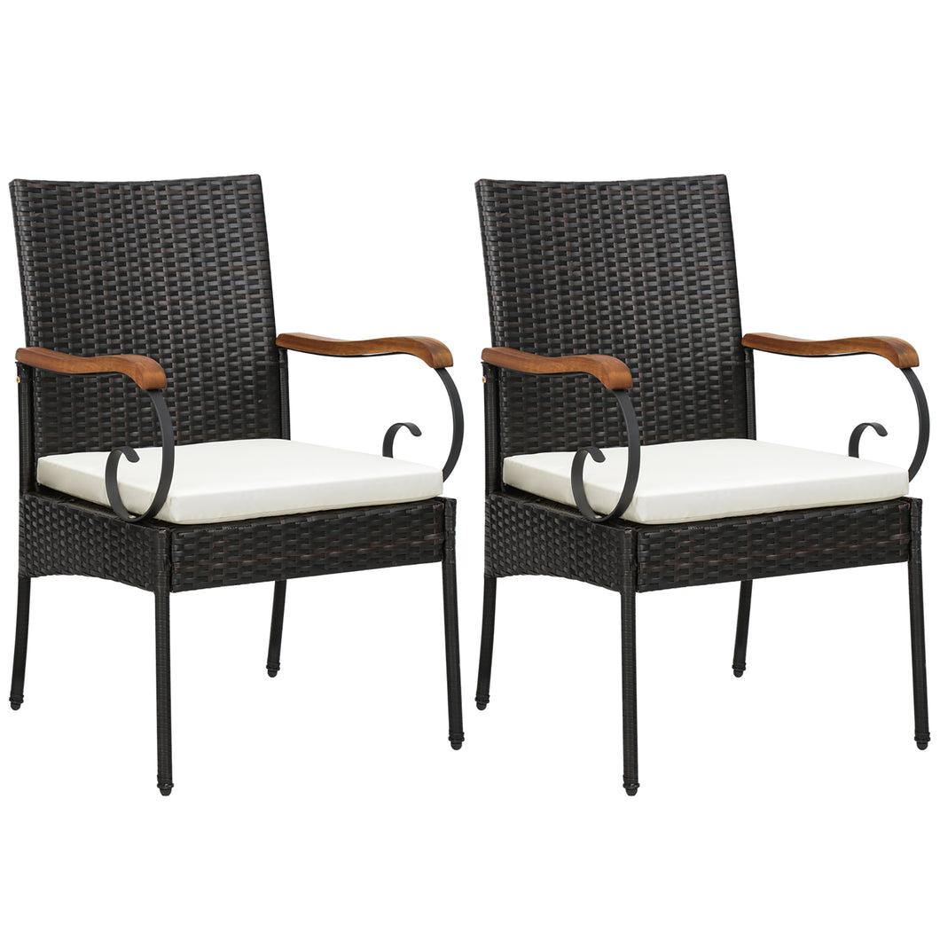Gymax Set of 2 PE Wicker Chairs Acacia Wood Armrests with  White Soft Zippered Cushion Patio