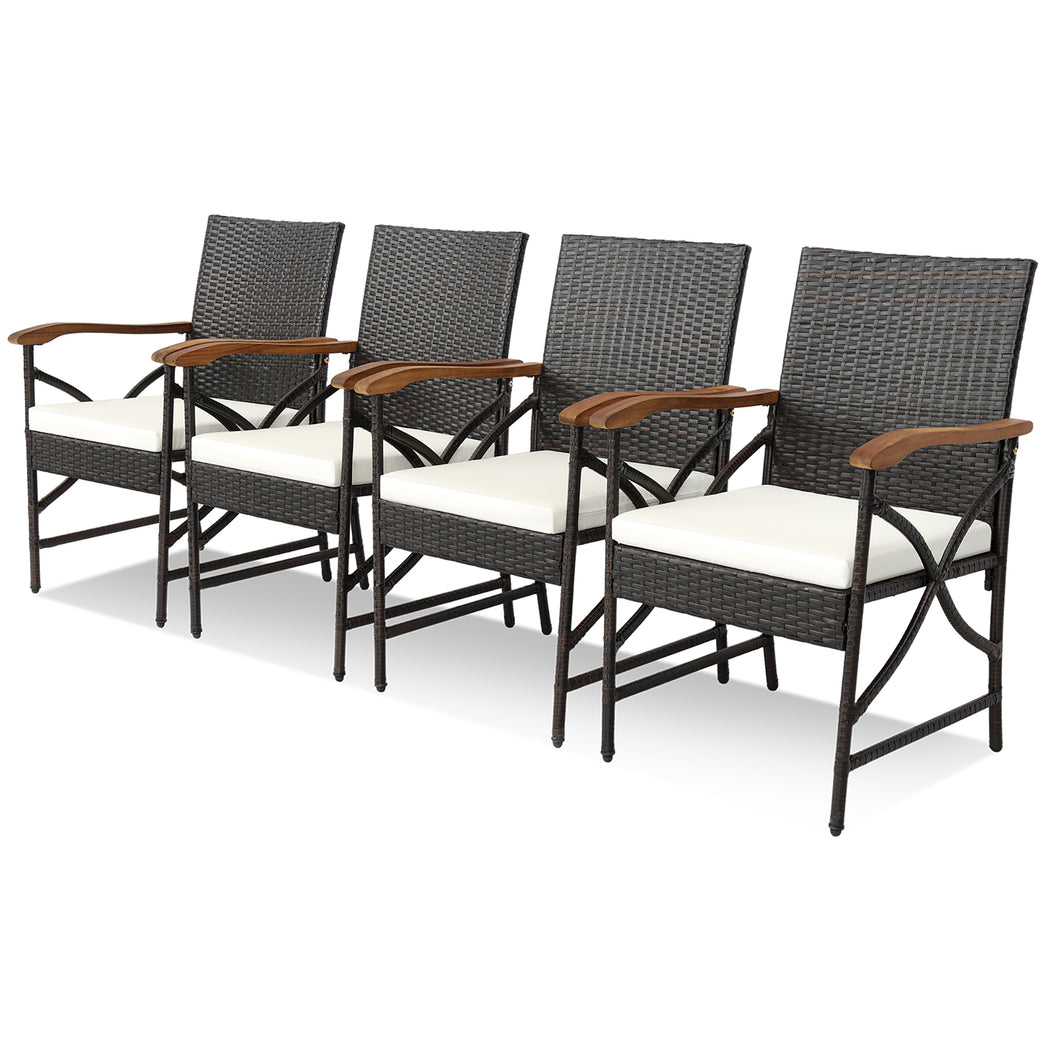 Gymax Set of 4 PE Wicker Dining Chairs with  White Soft Zippered Cushions Armchairs Patio